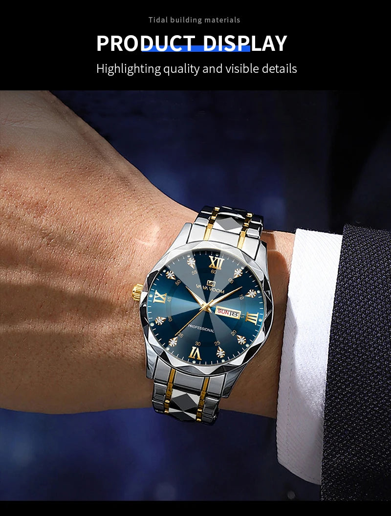 Men Watch Water Diamond Luxury Night Glow Double Calendar