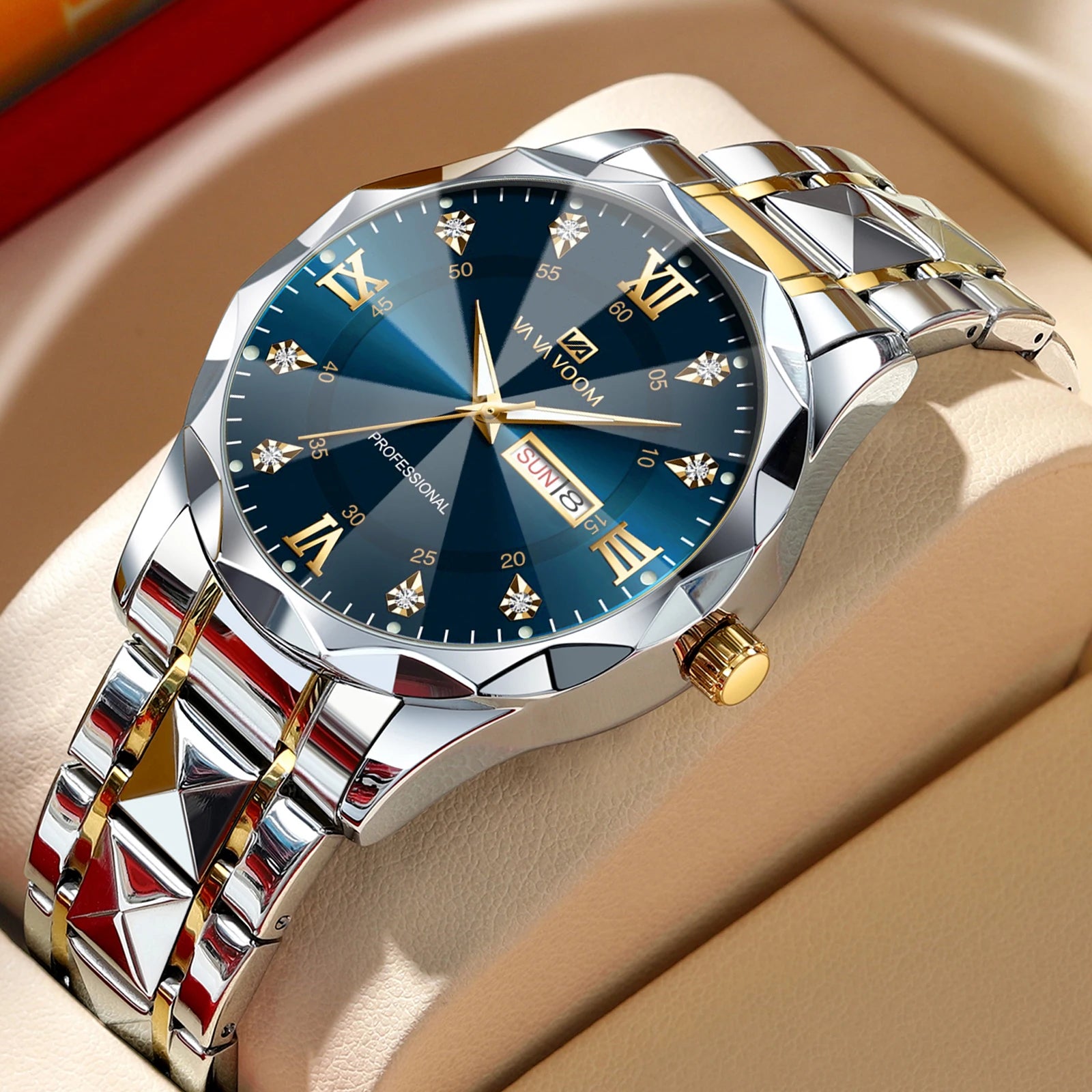 Men Watch Water Diamond Luxury Night Glow Double Calendar