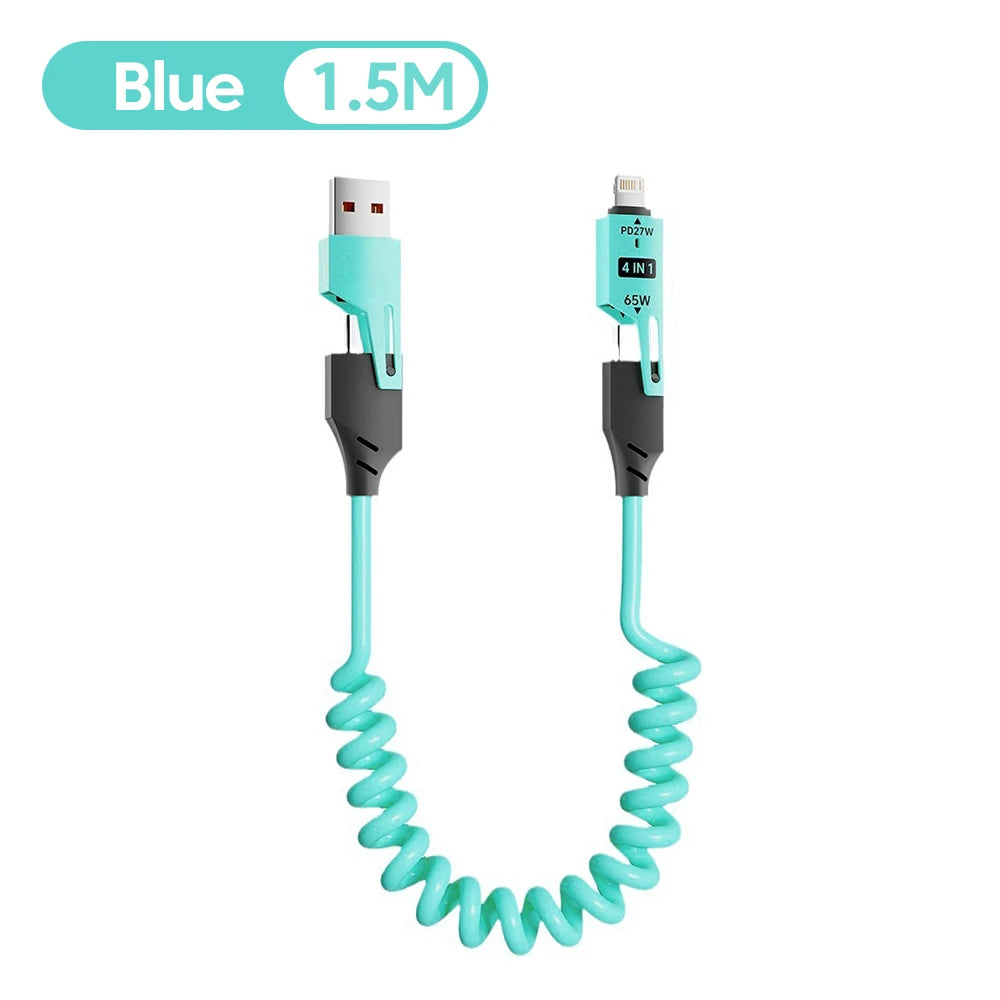 4-in-1 Telescopic Spring Cable 65W 6A USB C to Type C Quick Charger Data Cord