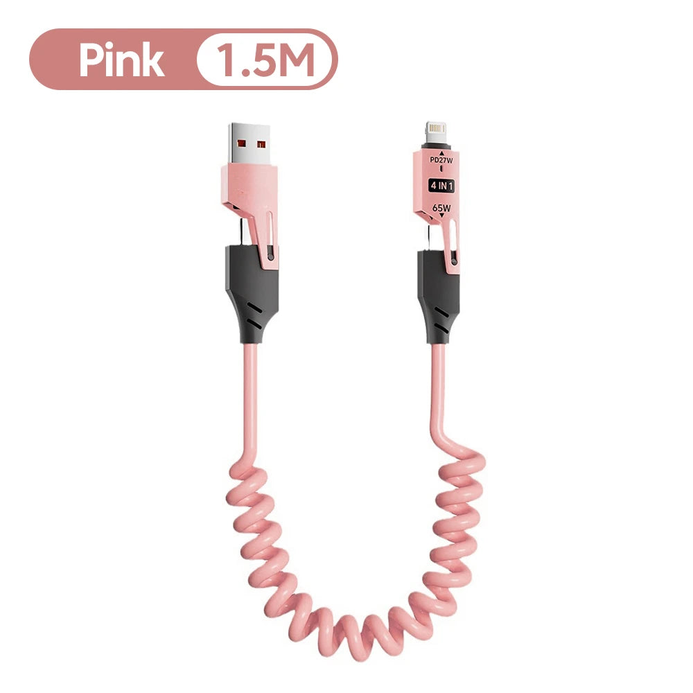 4-in-1 Telescopic Spring Cable 65W 6A USB C to Type C Quick Charger Data Cord