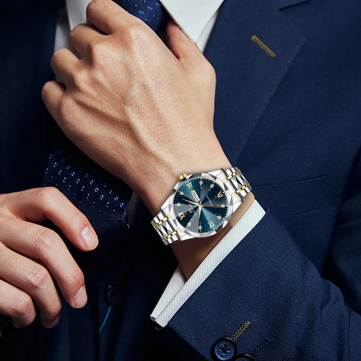 Men Watch Water Diamond Luxury Night Glow Double Calendar