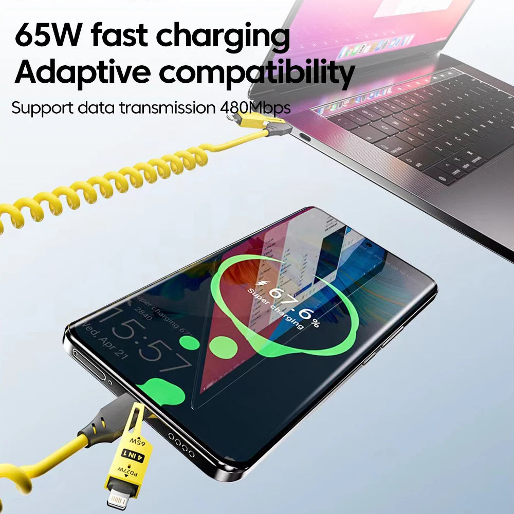 4-in-1 Telescopic Spring Cable 65W 6A USB C to Type C Quick Charger Data Cord